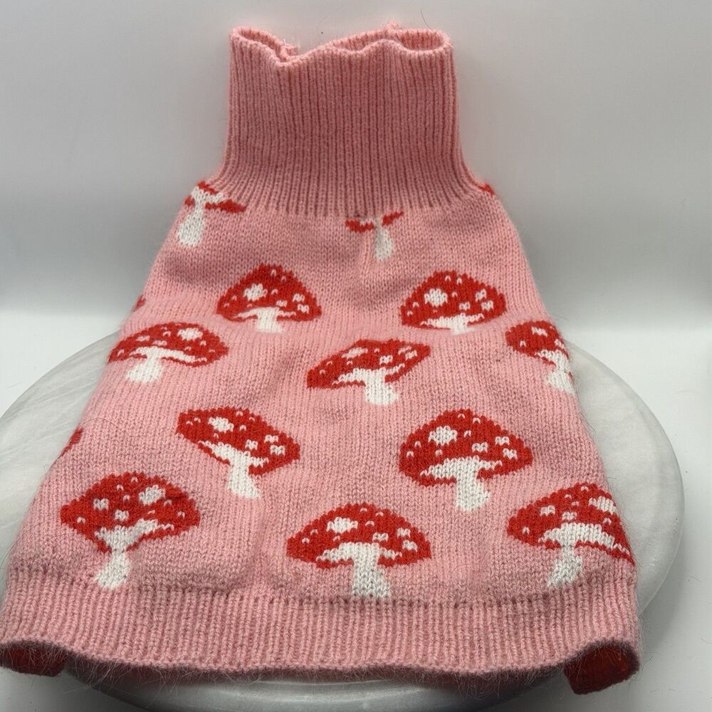 Wan Talk Dog Sweater Pink Red Mushroom Knit Turtleneck Pet Clothes 14" Back